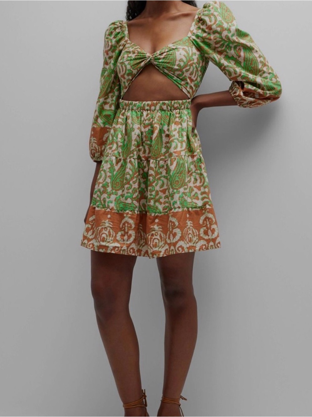 Mini Dress with Green & Tan Paisley Print